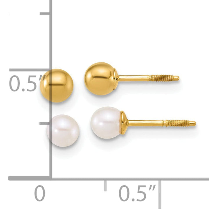 Lovely Rita's Earrings 14K Yellow Gold Designer Polished 3-4mm Ball & Pearl Set Post Earrings