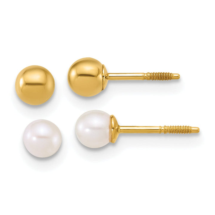 Lovely Rita's Earrings 14K Yellow Gold Designer Polished 3-4mm Ball & Pearl Set Post Earrings