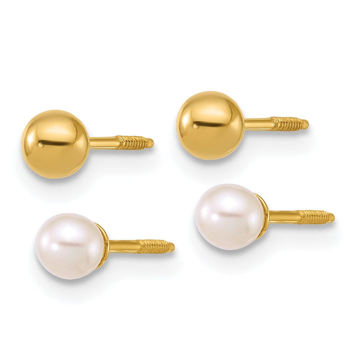 Lovely Rita's Earrings 14K Yellow Gold Designer Polished 3-4mm Ball & Pearl Set Post Earrings