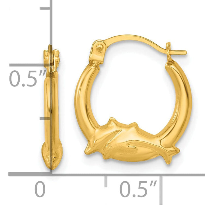 Lovely Rita's Earrings 14K Yellow Gold Exquisite Polished 14 mm Two Dolphins Hoop Earrings