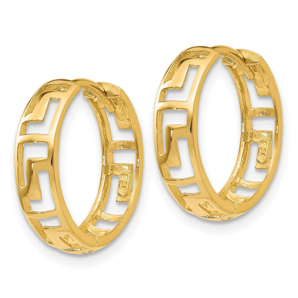 Lovely Rita's Earrings 14K Yellow Gold Feminine Polished 16mm Greek Key Hinged Hoop Earrings