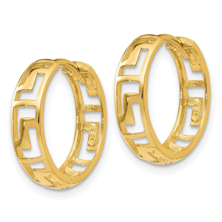 Lovely Rita's Earrings 14K Yellow Gold Feminine Polished 16mm Greek Key Hinged Hoop Earrings