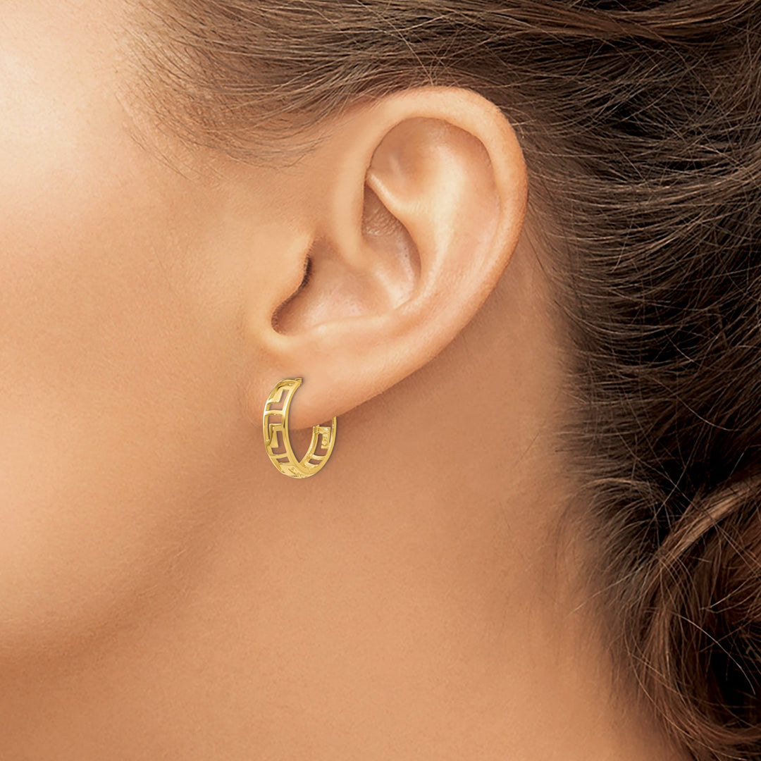 Lovely Rita's Earrings 14K Yellow Gold Feminine Polished 16mm Greek Key Hinged Hoop Earrings