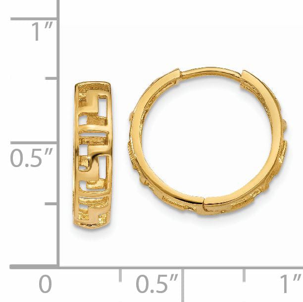 Lovely Rita's Earrings 14K Yellow Gold Feminine Polished 16mm Greek Key Hinged Hoop Earrings