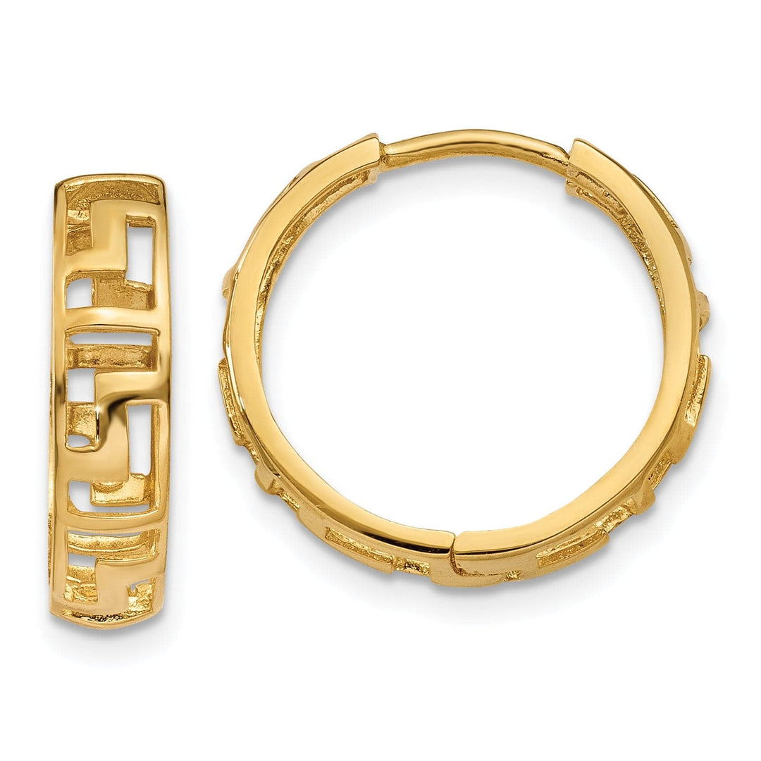Lovely Rita's Earrings 14K Yellow Gold Feminine Polished 16mm Greek Key Hinged Hoop Earrings