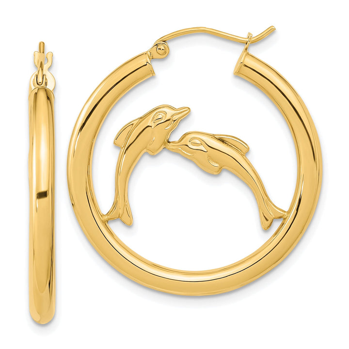 Lovely Rita's Earrings 14K Yellow Gold Refined Polished 30.4 mm Dolphins Hoop Earrings