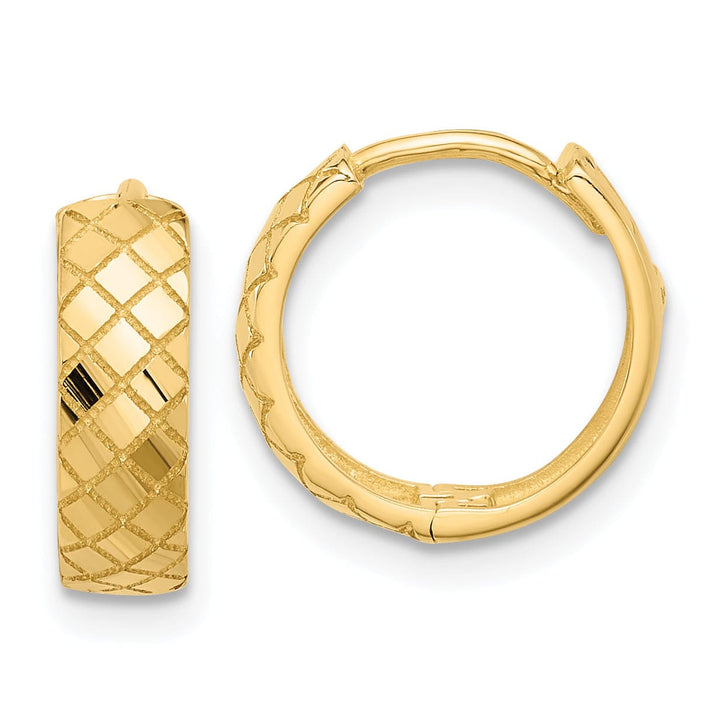 Lovely Rita's Earrings 14K Yellow Gold Vintage Polished 13.1mm Etched Hinged Hoop Earrings