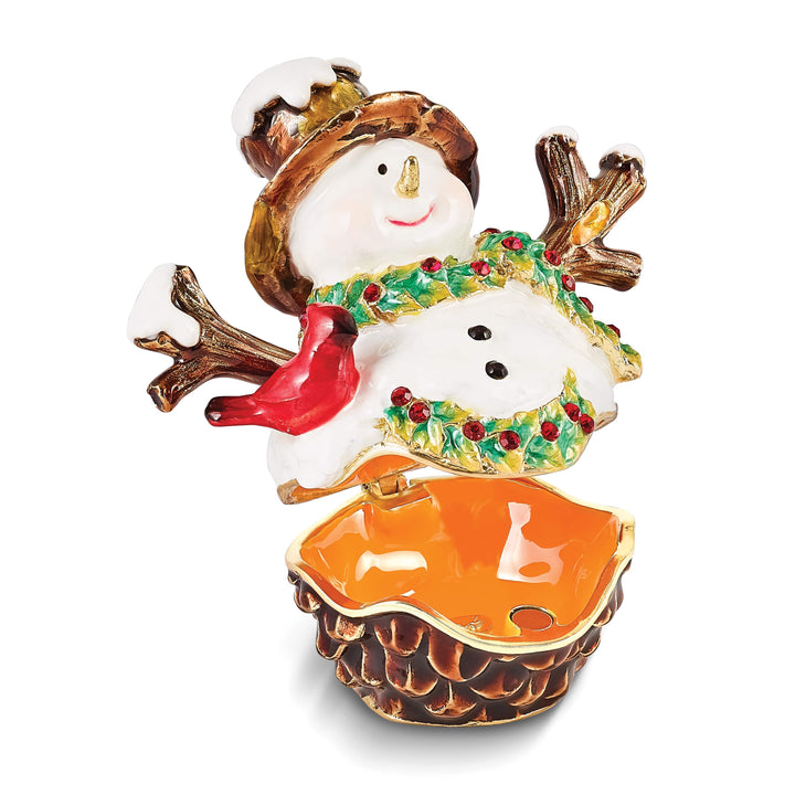Luxury Giftware by Jere Bejeweled Crystals Gold-tone Enameled GARLAND Snowman with Bird & Scarf Trinket Box with Matching 18 Inch Necklace