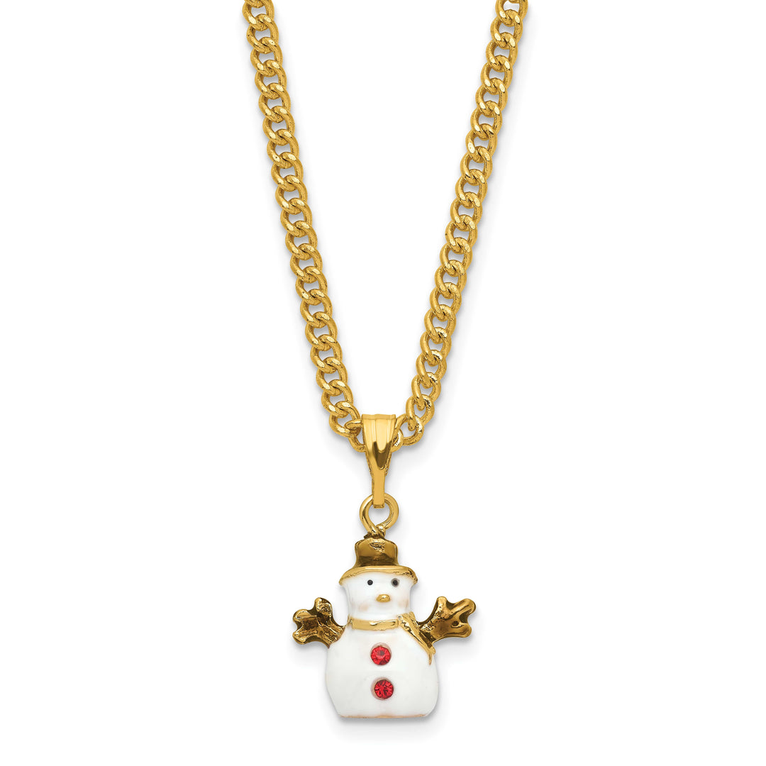 Luxury Giftware by Jere Bejeweled Crystals Gold-tone Enameled GARLAND Snowman with Bird & Scarf Trinket Box with Matching 18 Inch Necklace