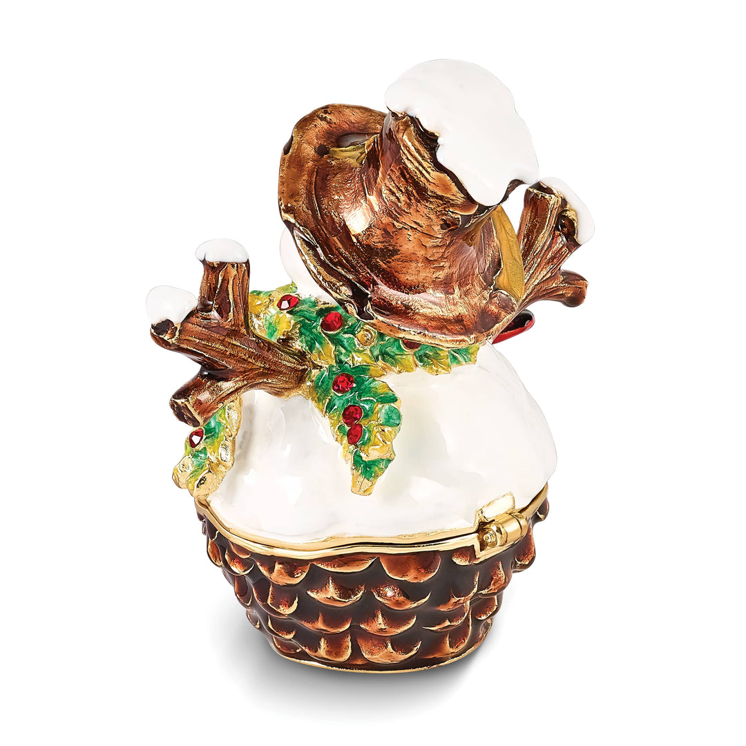 Luxury Giftware by Jere Bejeweled Crystals Gold-tone Enameled GARLAND Snowman with Bird & Scarf Trinket Box with Matching 18 Inch Necklace