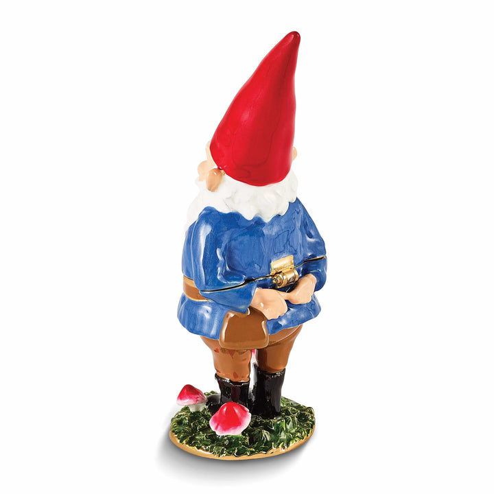 Luxury Giftware by Jere Bejeweled Crystals Gold-tone Enameled NIMBLE Gnome with Mushrooms Trinket Box with Matching 18 Inch Necklace