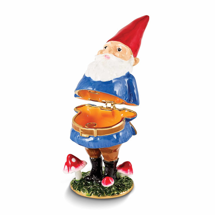 Luxury Giftware by Jere Bejeweled Crystals Gold-tone Enameled NIMBLE Gnome with Mushrooms Trinket Box with Matching 18 Inch Necklace