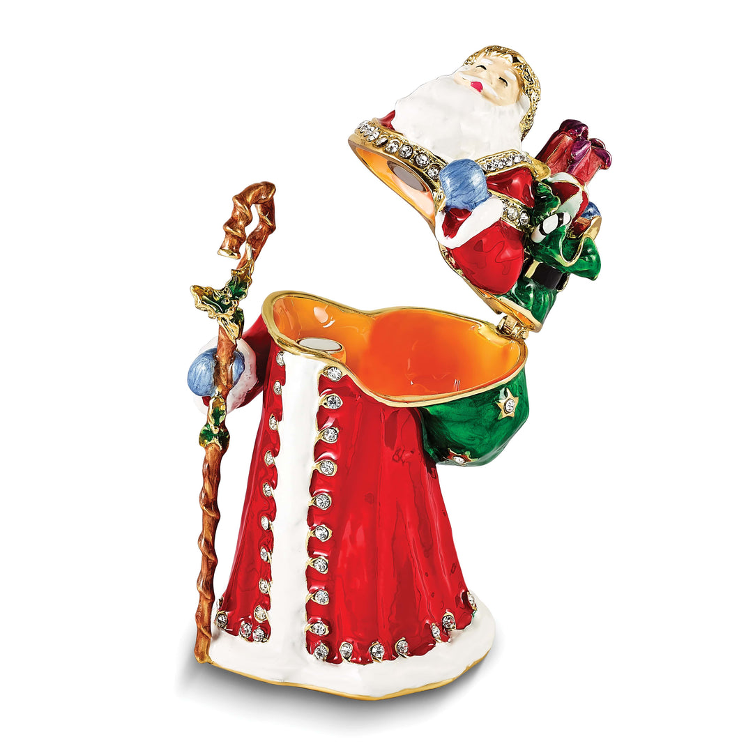 Luxury Giftware by Jere Bejeweled Crystals Gold-tone Enameled NOBLE Santa with Gifts & Staff Trinket Box with Matching 18 Inch Necklace