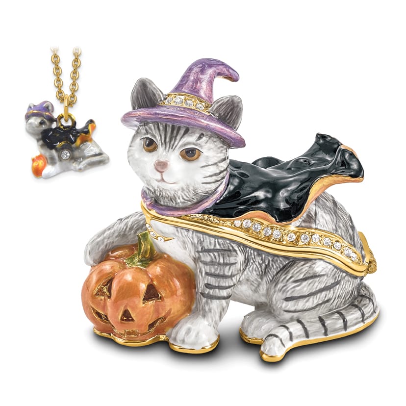 Luxury Giftware by Jere Bejeweled Crystals Gold-tone Enameled SERENA Halloween Cat Trinket Box with Matching 18 Inch Necklace