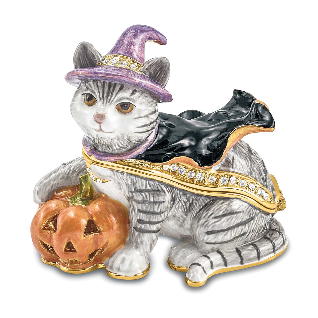 Luxury Giftware by Jere Bejeweled Crystals Gold-tone Enameled SERENA Halloween Cat Trinket Box with Matching 18 Inch Necklace