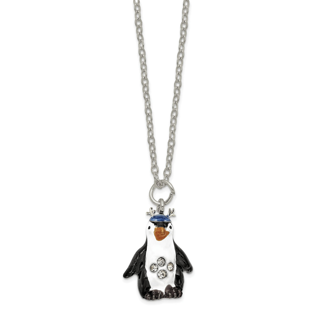 Luxury Giftware by Jere Bejeweled Crystals Silver-tone Enameled PERCY Penguin with Scarf Trinket Box with Matching 18 Inch Necklace