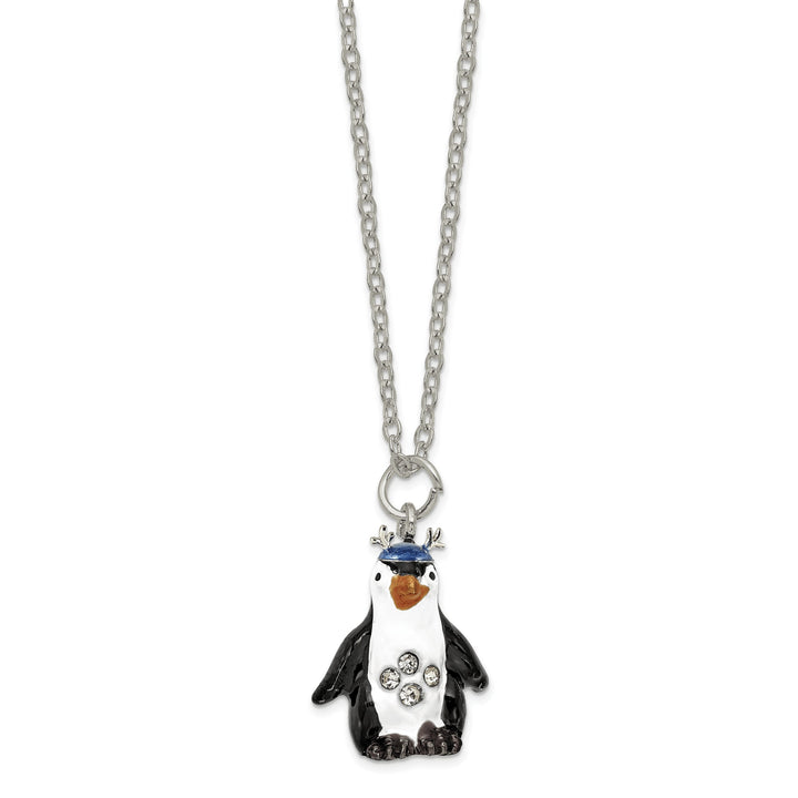 Luxury Giftware by Jere Bejeweled Crystals Silver-tone Enameled PERCY Penguin with Scarf Trinket Box with Matching 18 Inch Necklace