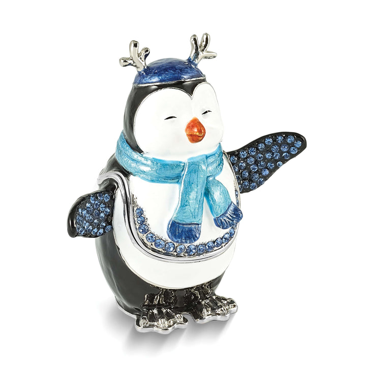 Luxury Giftware by Jere Bejeweled Crystals Silver-tone Enameled PERCY Penguin with Scarf Trinket Box with Matching 18 Inch Necklace