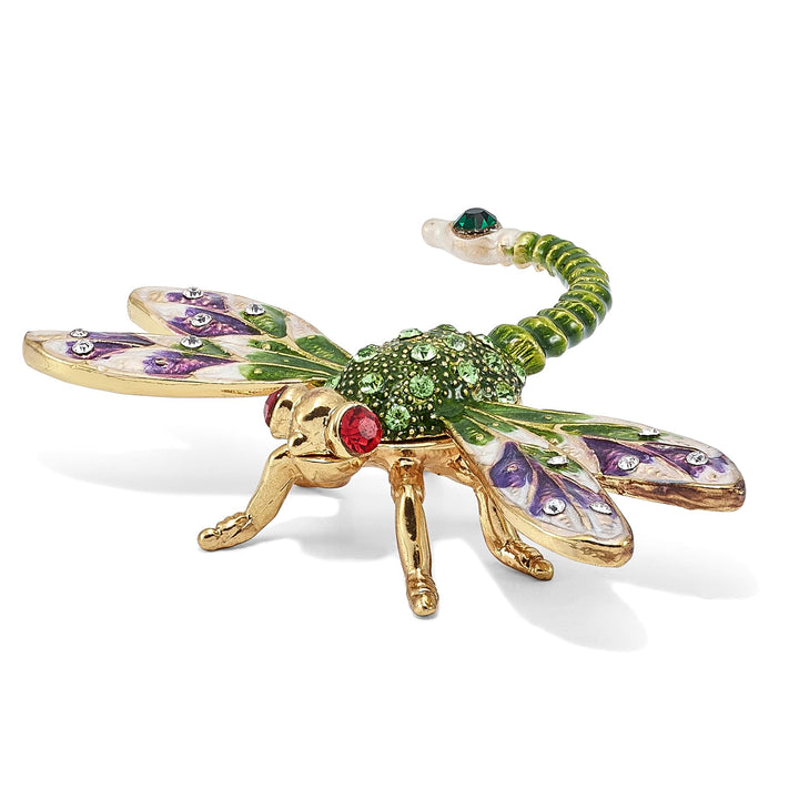 Luxury Giftware by Jere Pewter Bejeweled Crystals Gold-tone Enameled DEWEY Green Dragonfly Trinket Box with Matching 18 Inch Necklace