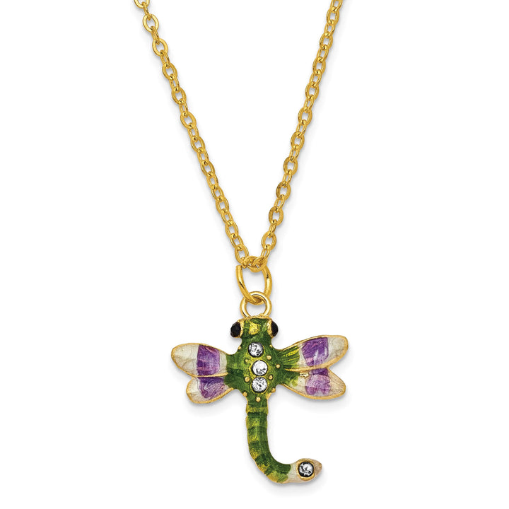 Luxury Giftware by Jere Pewter Bejeweled Crystals Gold-tone Enameled DEWEY Green Dragonfly Trinket Box with Matching 18 Inch Necklace