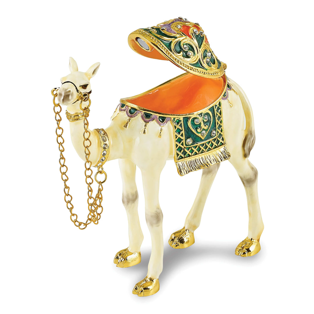 Luxury Giftware by Jere Pewter Bejeweled Crystals Gold-tone Enameled FAISAL White Camel Trinket Box with Matching 18 Inch Necklace