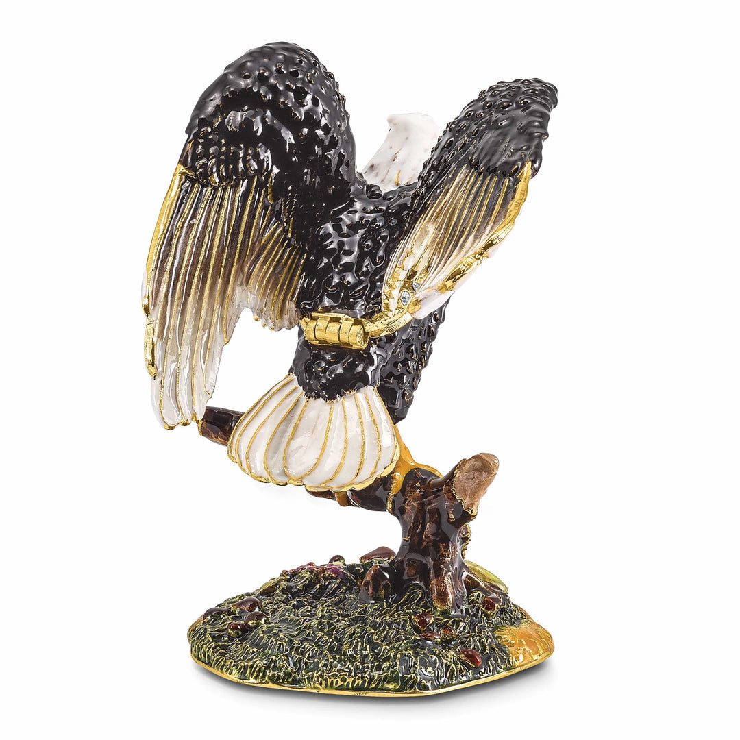 Luxury Giftware by Jere Pewter Bejeweled Crystals Gold-tone Enameled LIBERTY Bald Eagle Trinket Box with Matching 18 Inch Necklace