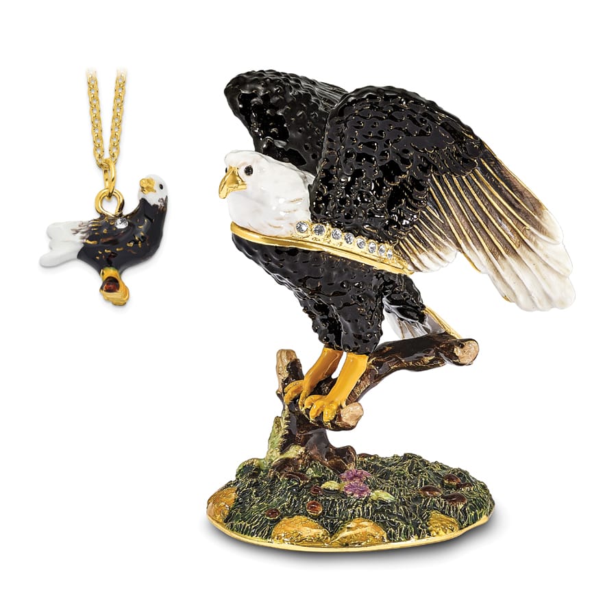 Luxury Giftware by Jere Pewter Bejeweled Crystals Gold-tone Enameled LIBERTY Bald Eagle Trinket Box with Matching 18 Inch Necklace