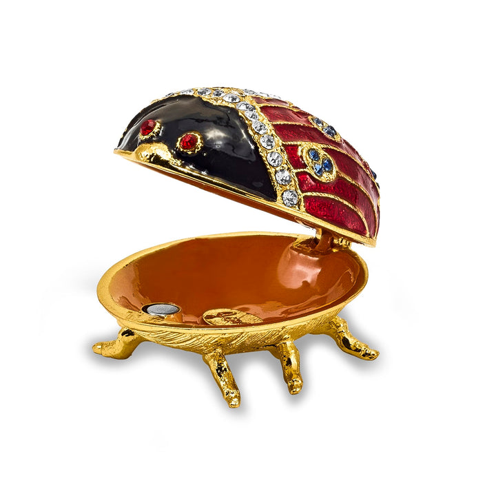 Luxury Giftware by Jere Pewter Bejeweled Crystals Gold-tone Enameled LUXY Ladybug Trinket Box with Matching 18 Inch Necklace