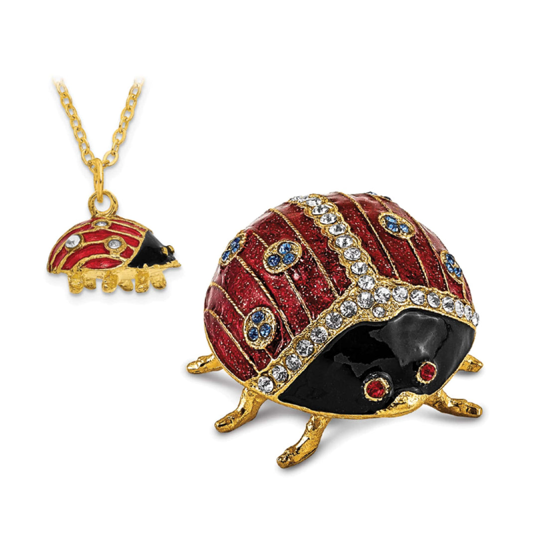 Luxury Giftware by Jere Pewter Bejeweled Crystals Gold-tone Enameled LUXY Ladybug Trinket Box with Matching 18 Inch Necklace