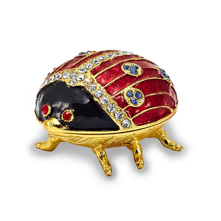 Luxury Giftware by Jere Pewter Bejeweled Crystals Gold-tone Enameled LUXY Ladybug Trinket Box with Matching 18 Inch Necklace