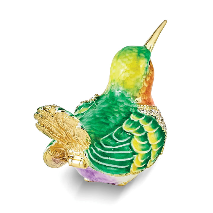 Luxury Giftware by Jere Pewter Bejeweled Crystals Gold-tone Enameled MADI Gold-tone Hummingbird Trinket Box with Matching 18 Inch Necklace