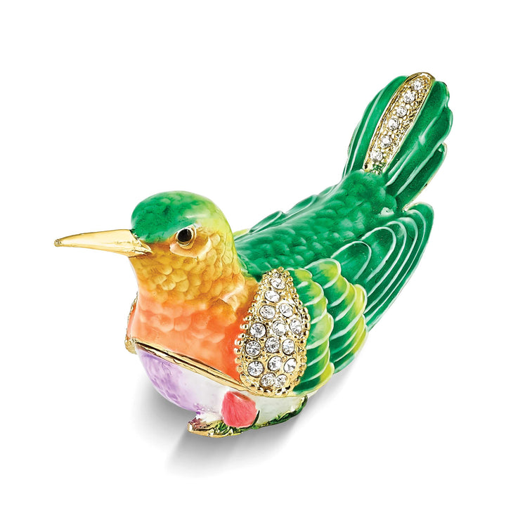 Luxury Giftware by Jere Pewter Bejeweled Crystals Gold-tone Enameled MADI Gold-tone Hummingbird Trinket Box with Matching 18 Inch Necklace