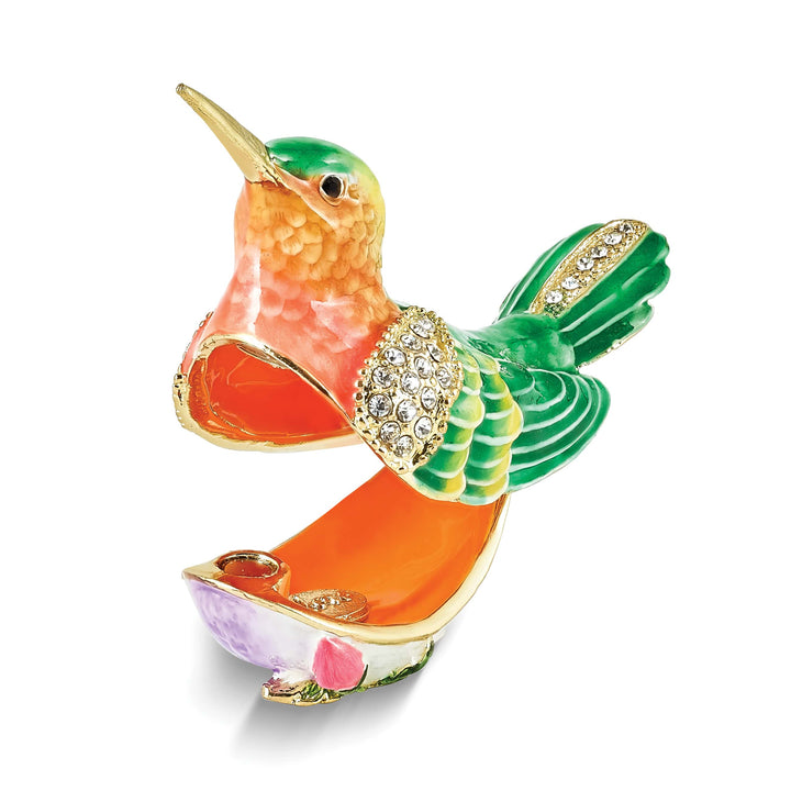 Luxury Giftware by Jere Pewter Bejeweled Crystals Gold-tone Enameled MADI Gold-tone Hummingbird Trinket Box with Matching 18 Inch Necklace