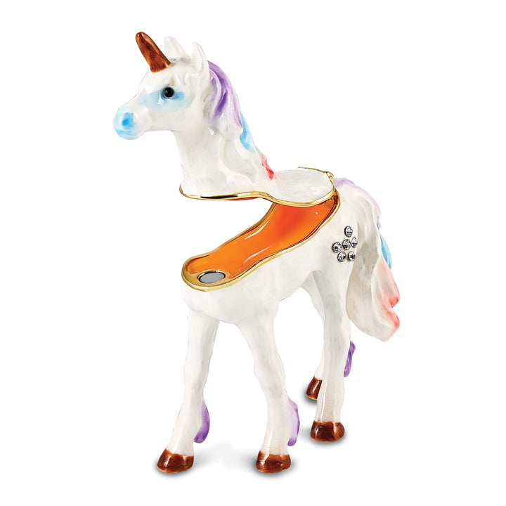 Luxury Giftware by Jere Pewter Bejeweled Crystals Gold-tone Enameled MYSTIC the Unicorn Trinket Box with Matching 18 Inch Necklace