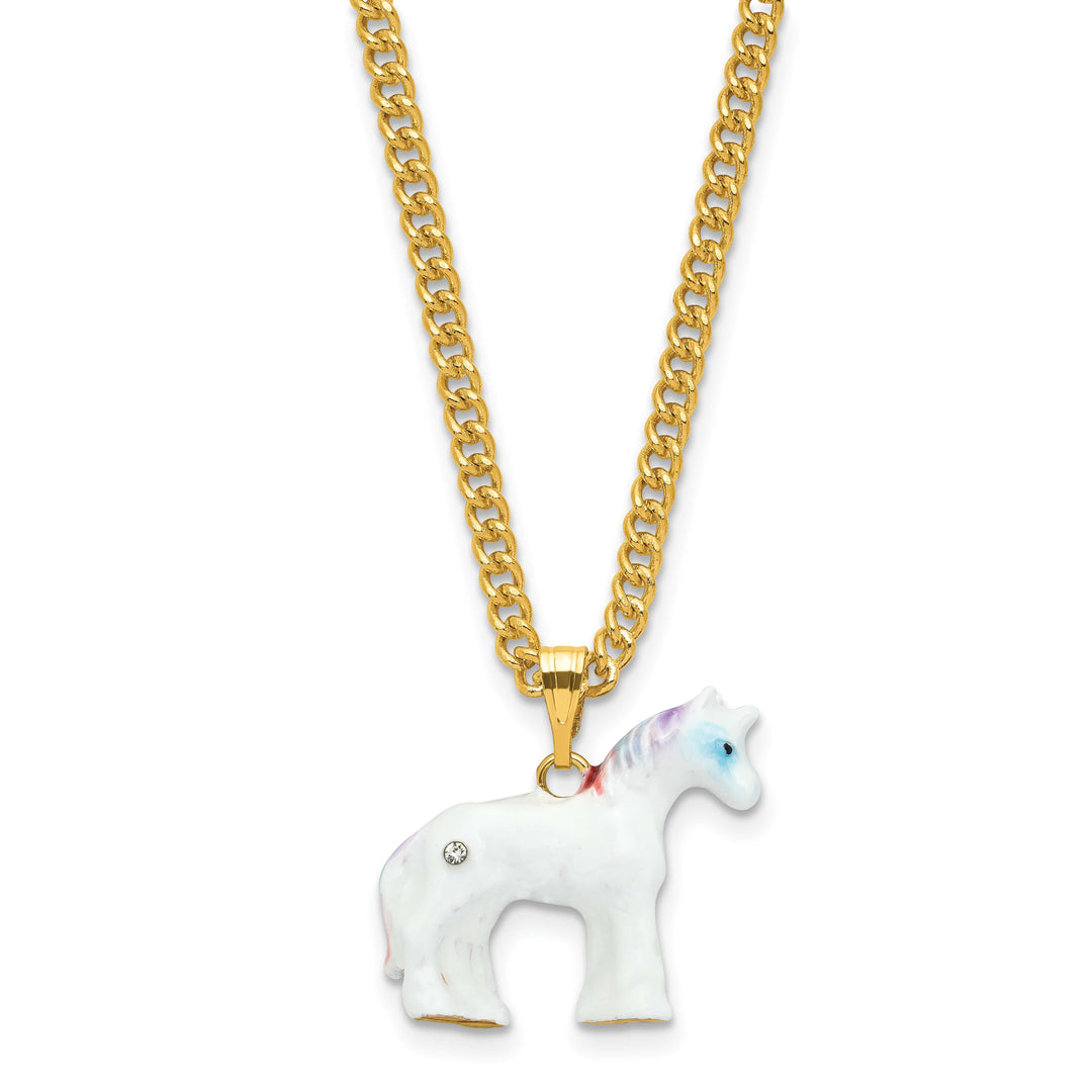 Luxury Giftware by Jere Pewter Bejeweled Crystals Gold-tone Enameled MYSTIC the Unicorn Trinket Box with Matching 18 Inch Necklace