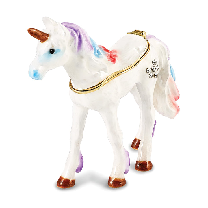 Luxury Giftware by Jere Pewter Bejeweled Crystals Gold-tone Enameled MYSTIC the Unicorn Trinket Box with Matching 18 Inch Necklace