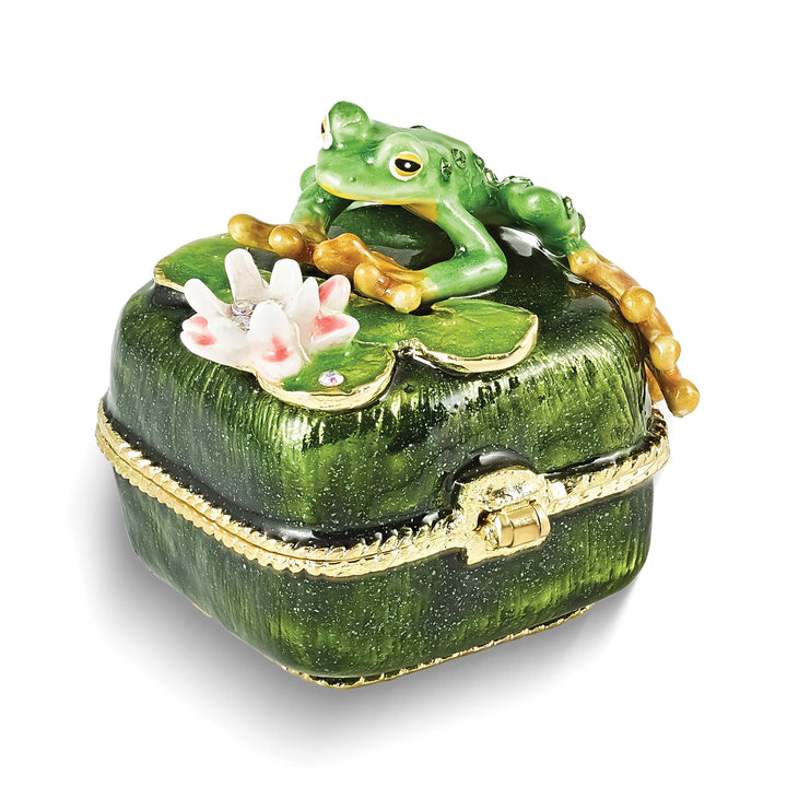 Luxury Giftware by Jere Pewter Bejeweled Crystals Gold-tone Enameled PADDY Frog on Lily Pad Trinket Box with Matching 18 Inch Necklace