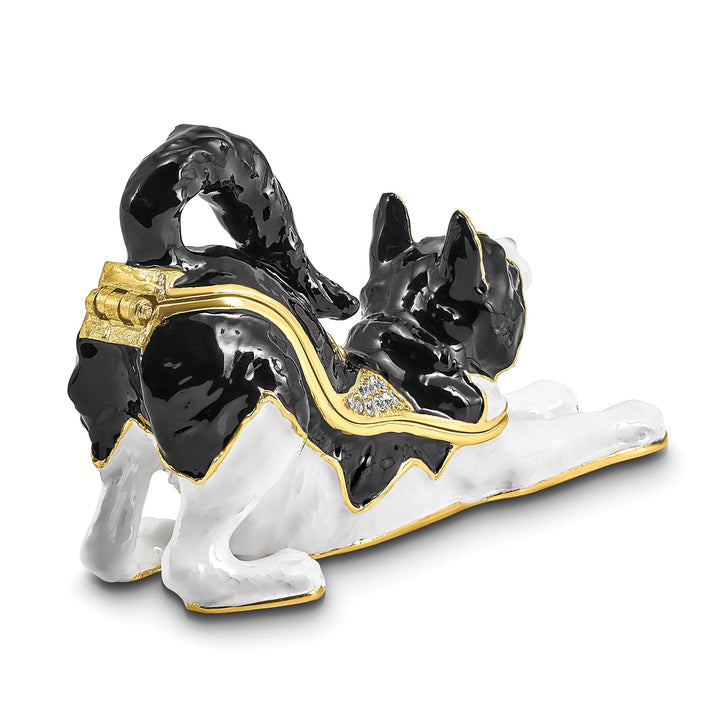 Luxury Giftware by Jere Pewter Bejeweled Crystals Gold-tone Enameled SLEEPY Stretching Black and White Cat Trinket Box with Matching 18 Inch Necklace