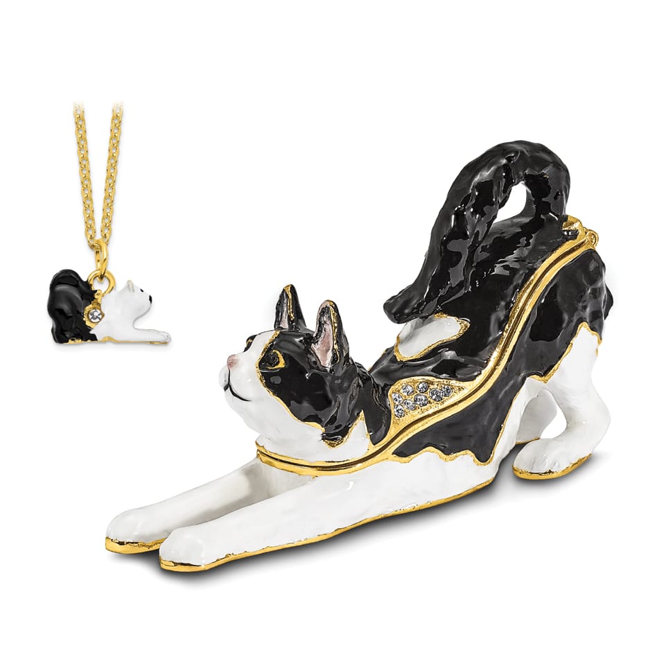 Luxury Giftware by Jere Pewter Bejeweled Crystals Gold-tone Enameled SLEEPY Stretching Black and White Cat Trinket Box with Matching 18 Inch Necklace