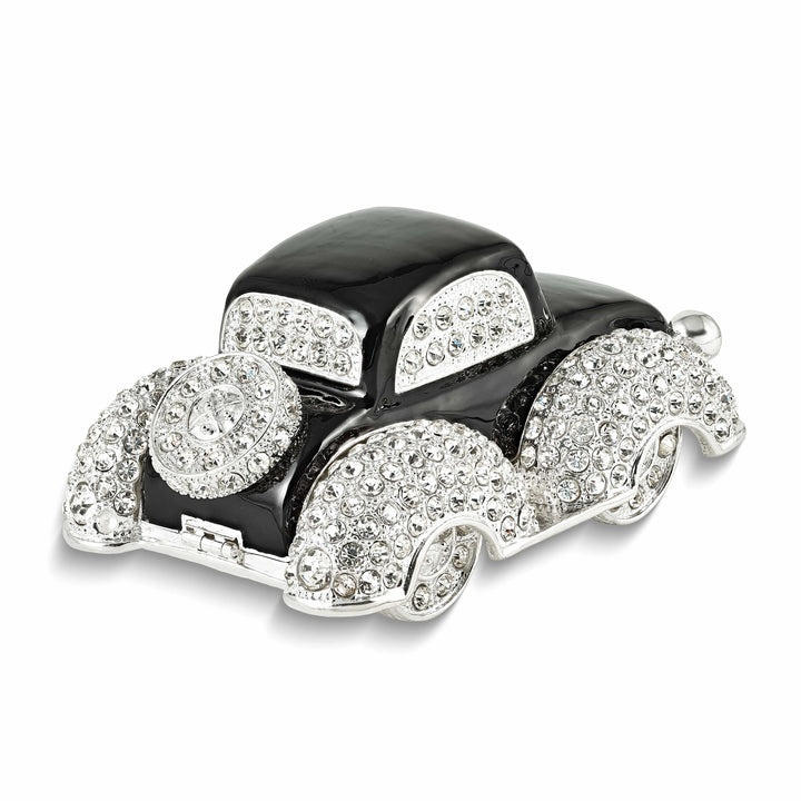 Luxury Giftware by Jere Pewter Bejeweled Crystals Silver-tone Enameled DEAN Black and White Car Trinket Box with Matching 18 Inch Necklace