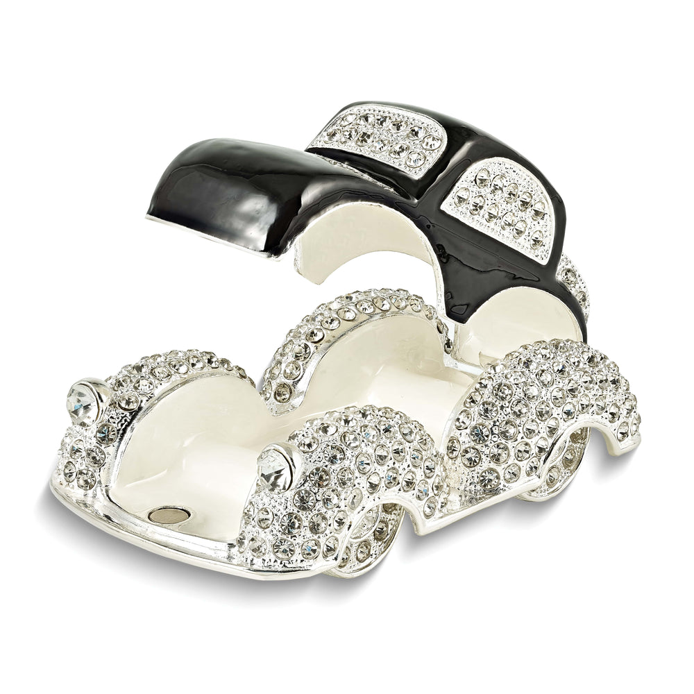 Luxury Giftware by Jere Pewter Bejeweled Crystals Silver-tone Enameled DEAN Black and White Car Trinket Box with Matching 18 Inch Necklace
