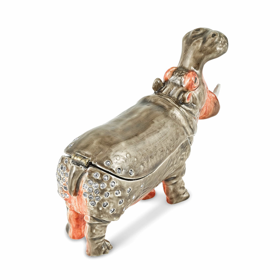 Luxury Giftware by Jere Pewter Bejeweled Crystals Silver-tone Enameled HENRY Hippo Trinket Box with Matching 18 Inch Necklace
