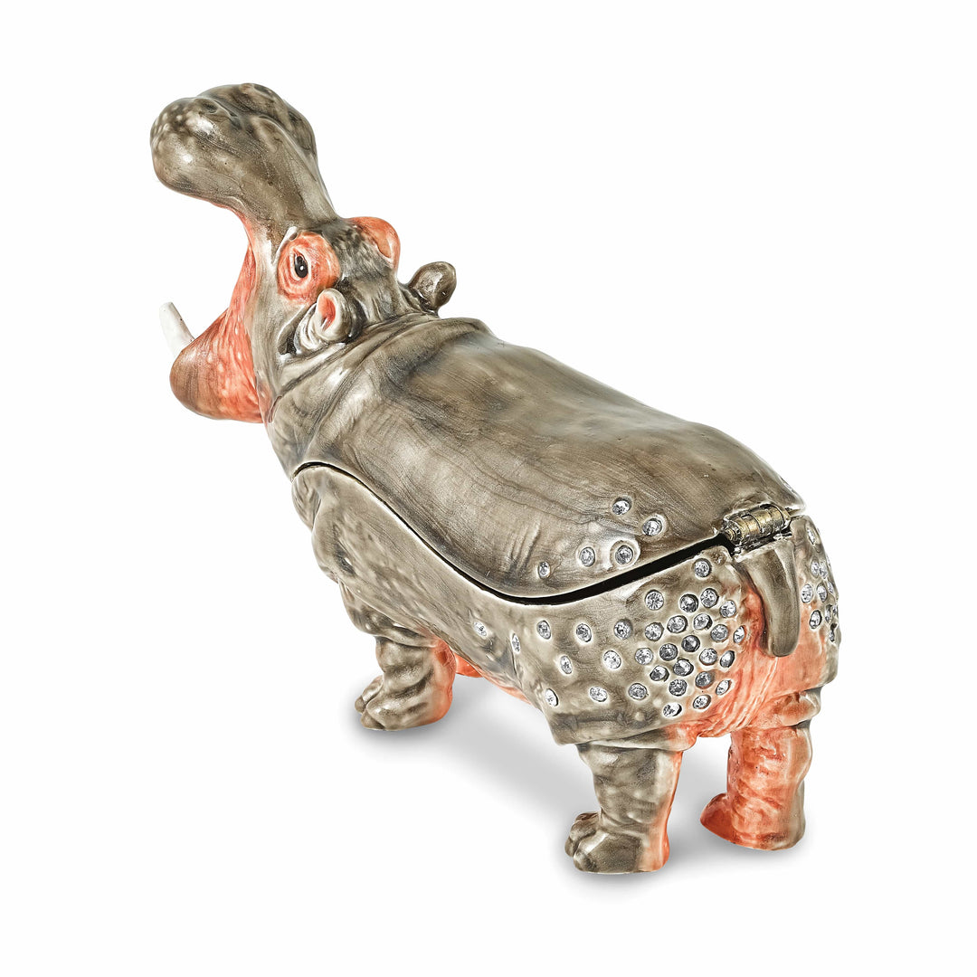 Luxury Giftware by Jere Pewter Bejeweled Crystals Silver-tone Enameled HENRY Hippo Trinket Box with Matching 18 Inch Necklace