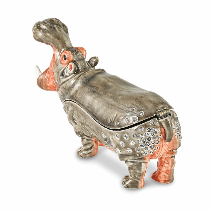 Luxury Giftware by Jere Pewter Bejeweled Crystals Silver-tone Enameled HENRY Hippo Trinket Box with Matching 18 Inch Necklace