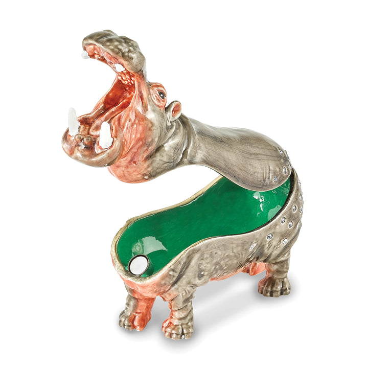 Luxury Giftware by Jere Pewter Bejeweled Crystals Silver-tone Enameled HENRY Hippo Trinket Box with Matching 18 Inch Necklace