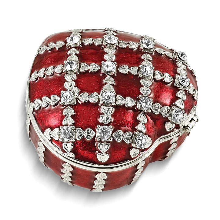 Luxury Giftware by Jere Pewter Bejeweled Crystals Silver-tone Enameled VALENTINE Heart Trinket Box with Matching 18 Inch Necklace