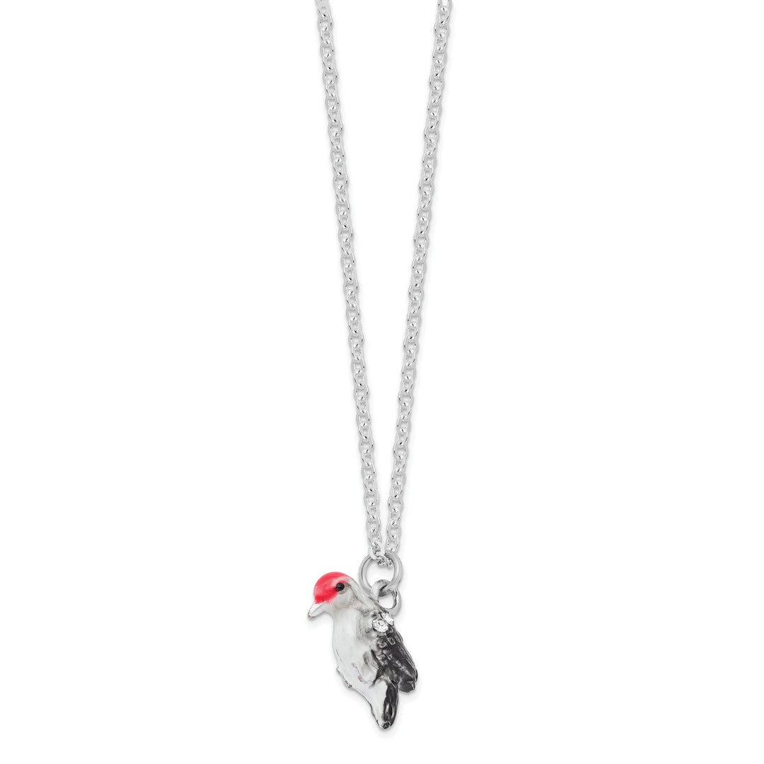 Luxury Giftware by Jere Pewter Bejeweled Crystals Silver-tone Enameled WOODROW Woodpecker Trinket Box with Matching 18 Inch Necklace