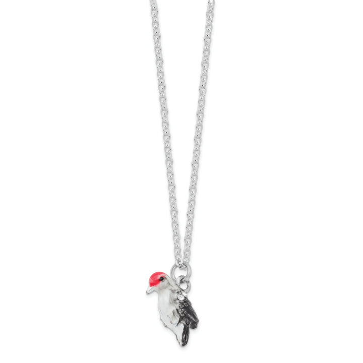 Luxury Giftware by Jere Pewter Bejeweled Crystals Silver-tone Enameled WOODROW Woodpecker Trinket Box with Matching 18 Inch Necklace