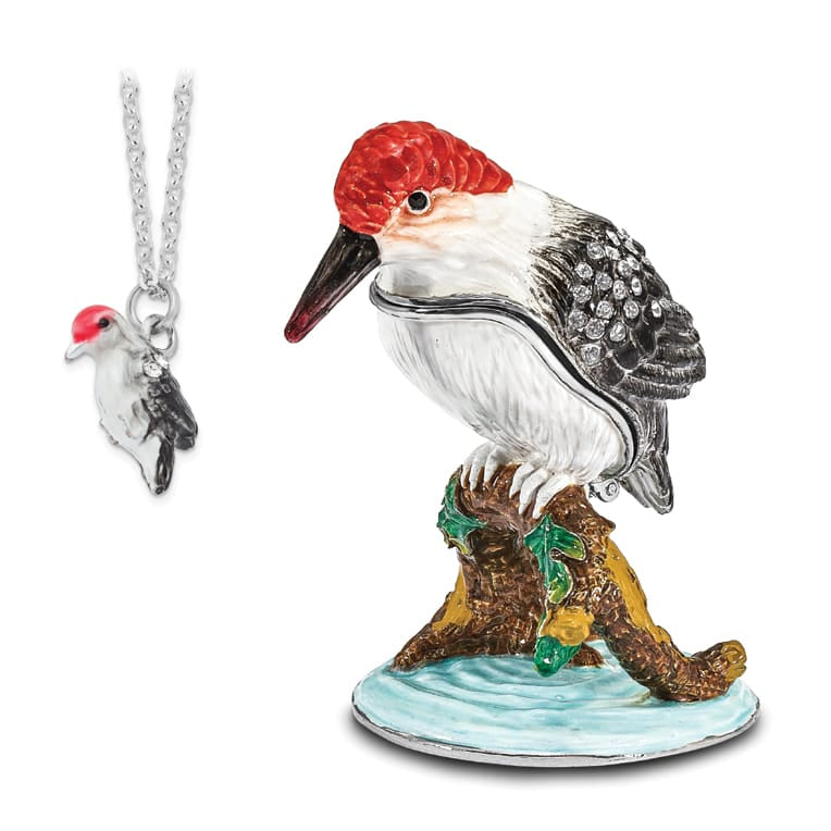 Luxury Giftware by Jere Pewter Bejeweled Crystals Silver-tone Enameled WOODROW Woodpecker Trinket Box with Matching 18 Inch Necklace