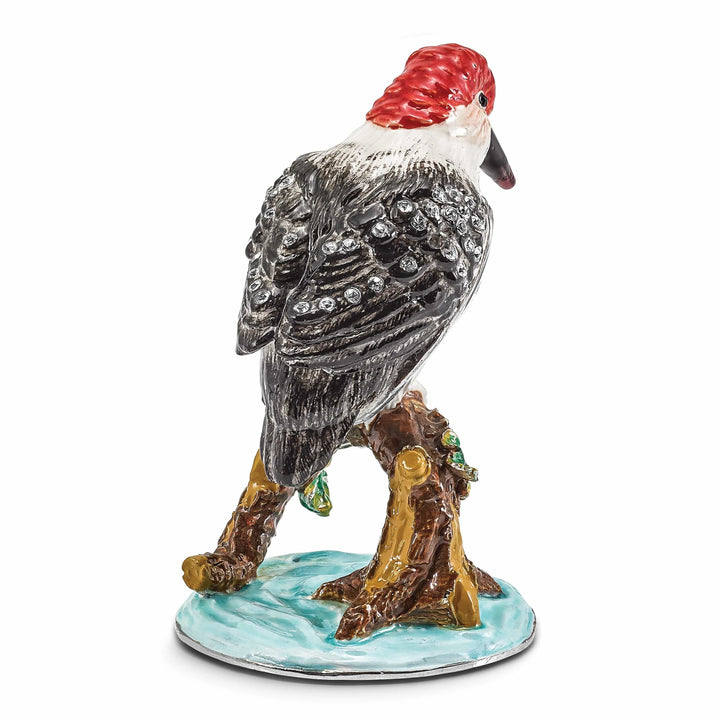 Luxury Giftware by Jere Pewter Bejeweled Crystals Silver-tone Enameled WOODROW Woodpecker Trinket Box with Matching 18 Inch Necklace